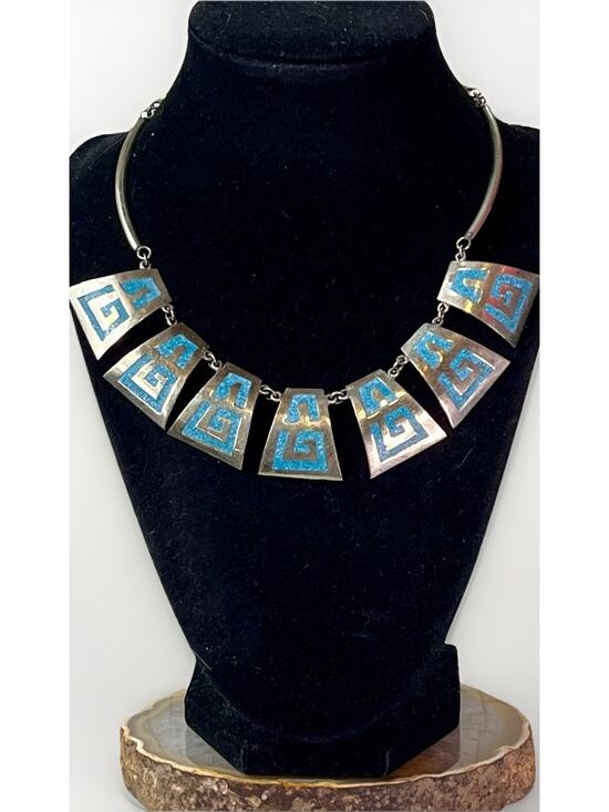 Unbranded Jewelry - Vintage Mexico Alpaca Silver Turquoise Chip Inlay Collar Statement Necklace